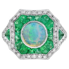 Opal Diamond Emerald  Art Deco Style Target Engagement Ring in 14K White Gold