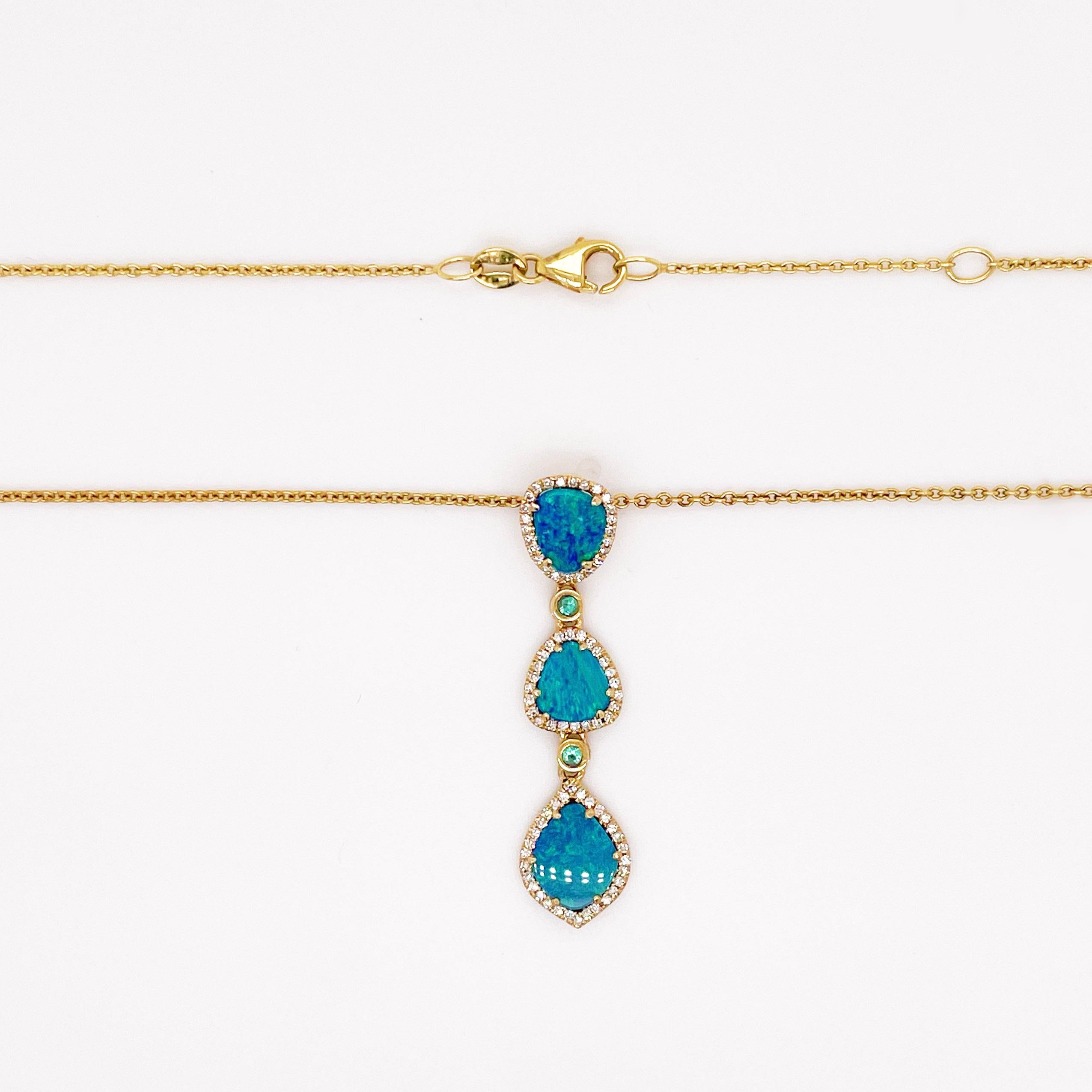 Contemporary Opal, Diamond & Emerald Pendant Necklace, Genuine Black Opal, 14K Yellow Gold For Sale