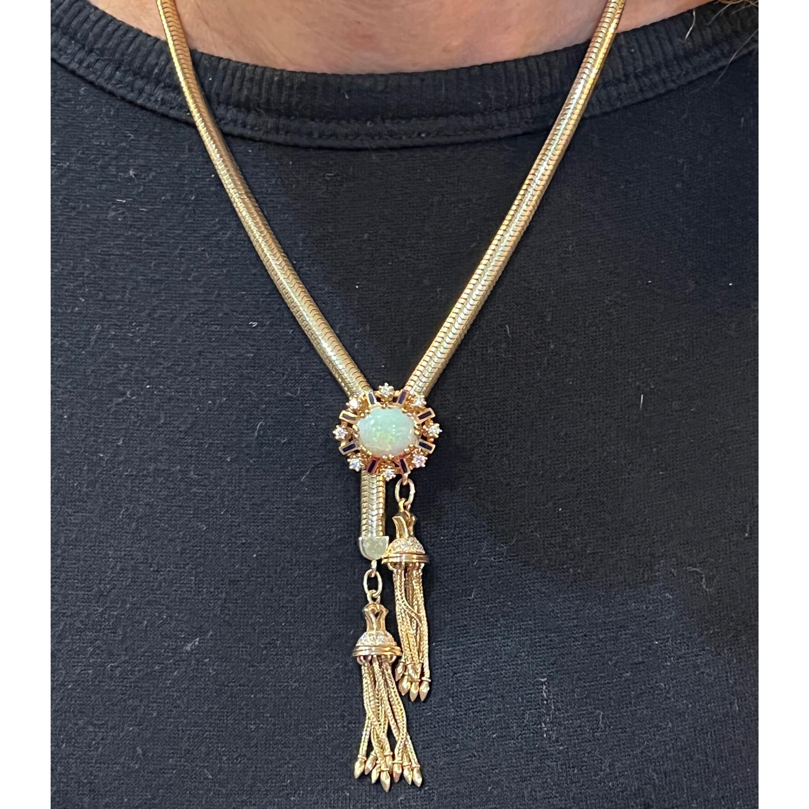 Modern Opal Diamond Enamel 14 Karat Yellow Gold Tassel Lariat Vintage Necklace