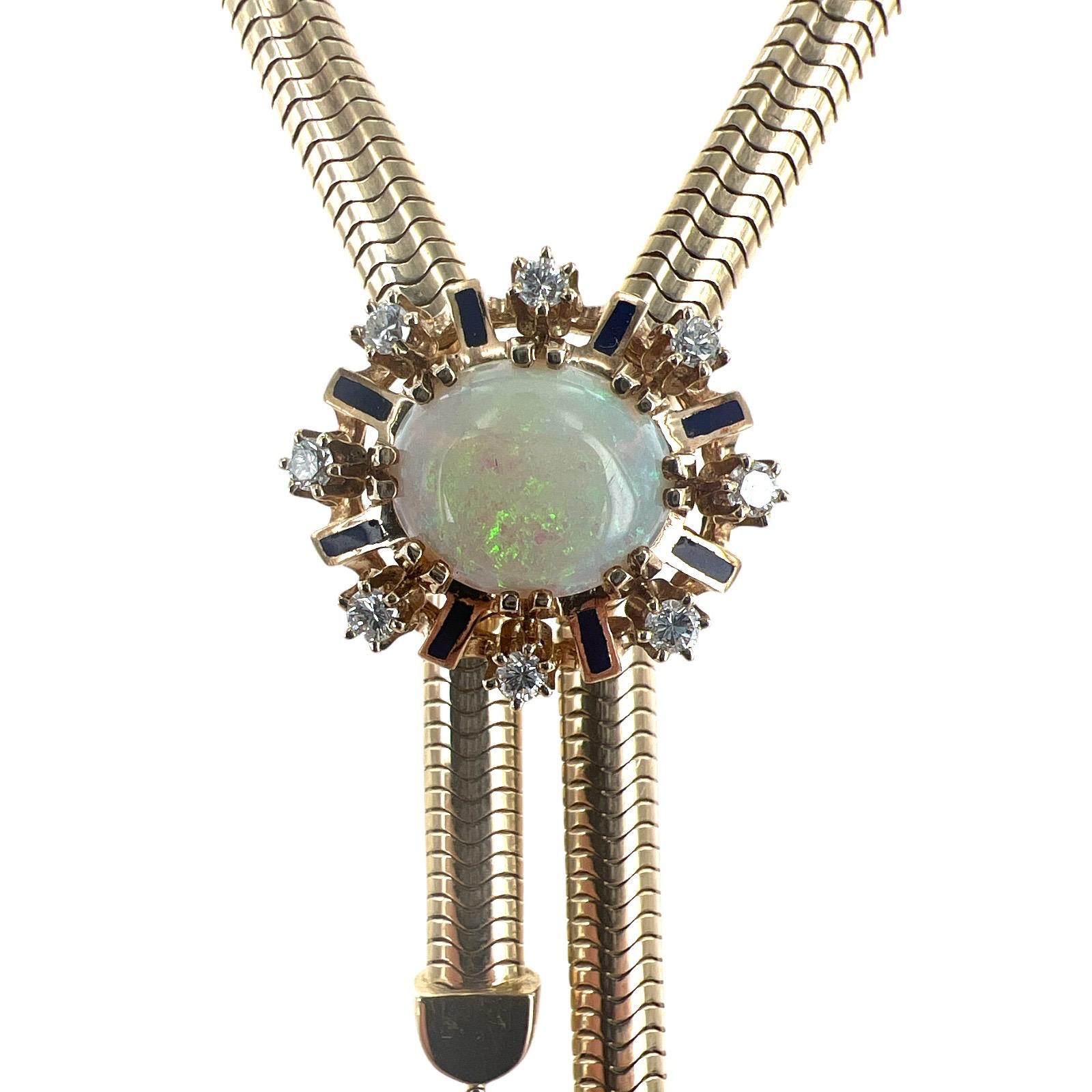 Women's Opal Diamond Enamel 14 Karat Yellow Gold Tassel Lariat Vintage Necklace