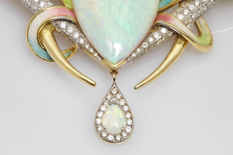 Opal Diamond Enamel Brooch For Sale at 1stDibs