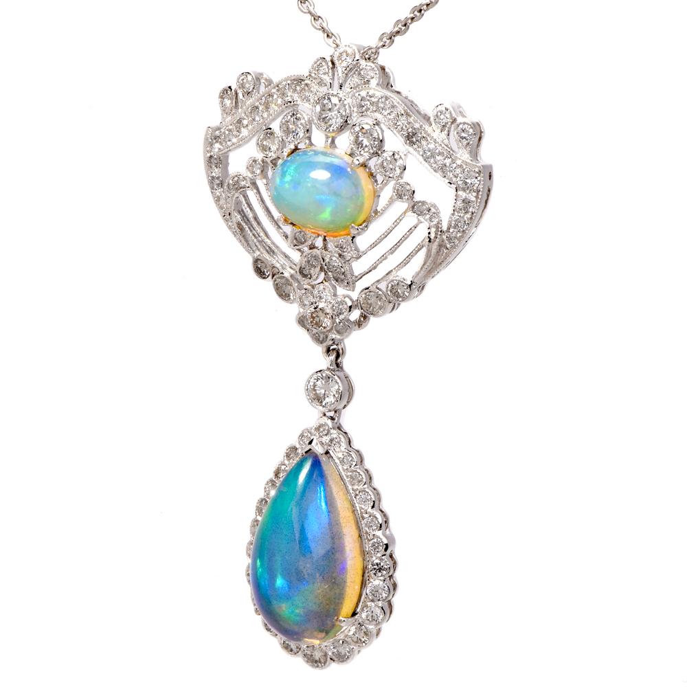 Opal Diamond Floral Openwork 18 Karat Gold Pendant Necklace In Good Condition In Miami, FL