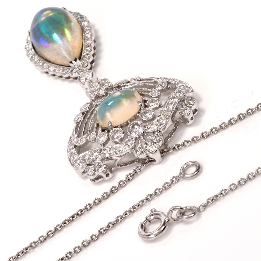 Opal Diamond Floral Openwork 18 Karat Gold Pendant Necklace 1