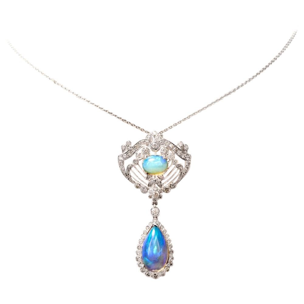 Opal Diamond Floral Openwork 18 Karat Gold Pendant Necklace