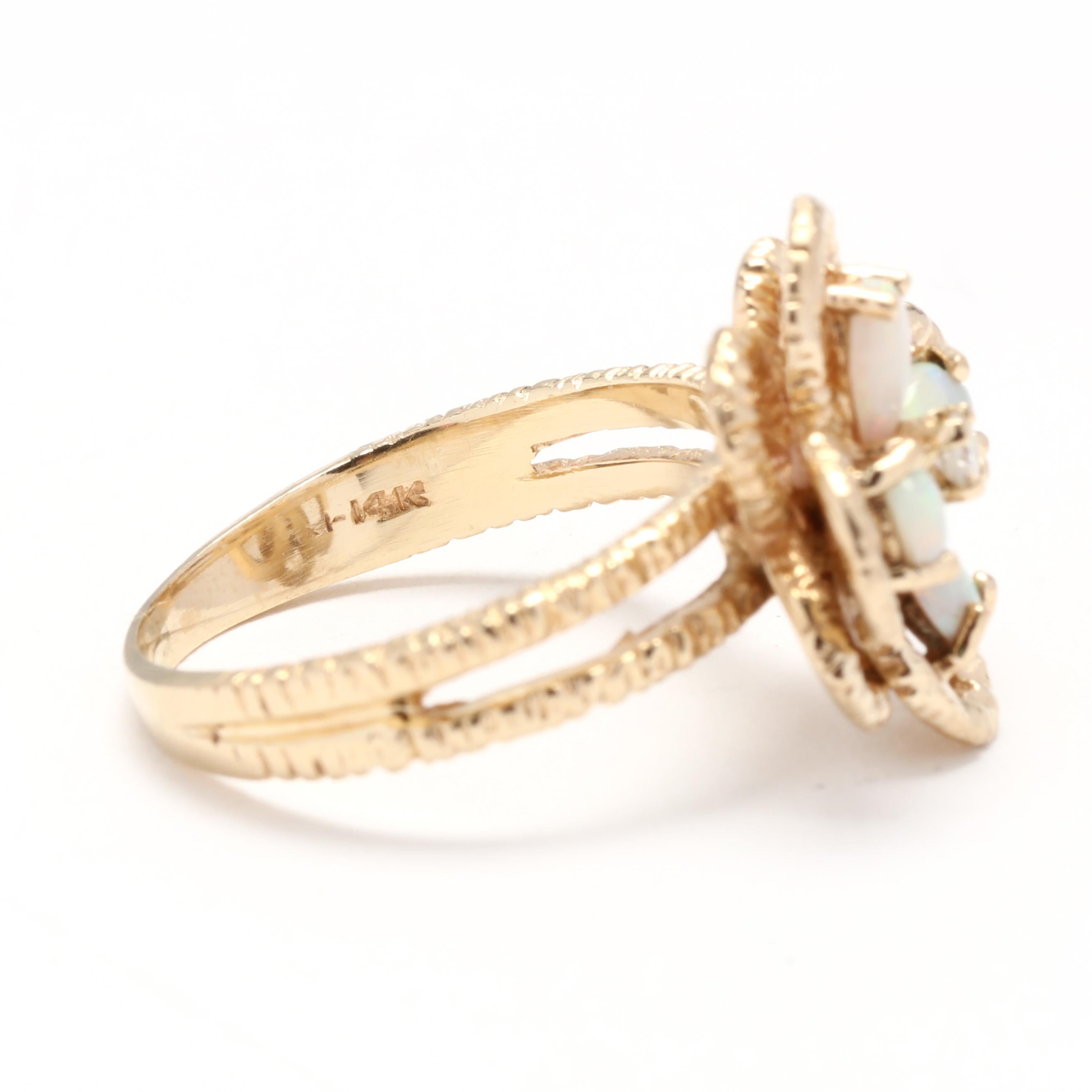 Women's or Men's Opal Diamond Flower Cocktail Ring, 14KT Yellow Gold, Ring