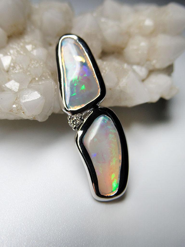 Cabochon Opal Diamond Gold Pendant Natural Australian Gem Pearly White For Sale