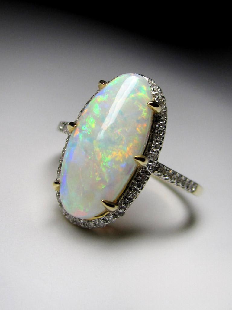 Opal Diamant Gold Ring Natürlicher Australischer Edelstein Klassischer Stil Ring Geschenk für sie im Angebot 4