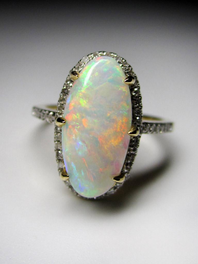 Opal Diamant Gold Ring Natürlicher Australischer Edelstein Klassischer Stil Ring Geschenk für sie im Angebot 7