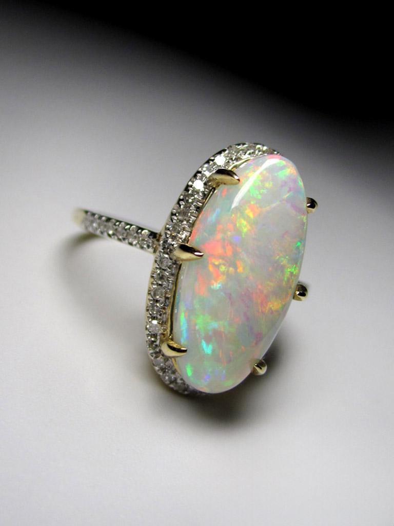 Opal Diamant Gold Ring Natürlicher Australischer Edelstein Klassischer Stil Ring Geschenk für sie im Angebot 9