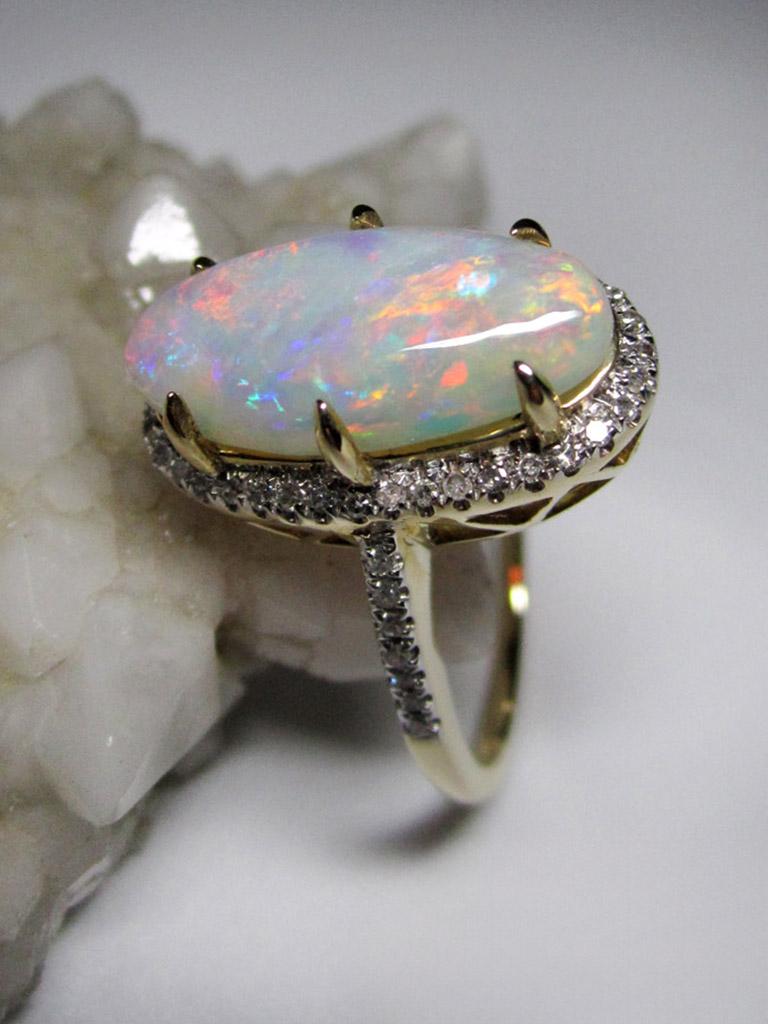 Opal Diamant Gold Ring Natürlicher Australischer Edelstein Klassischer Stil Ring Geschenk für sie im Angebot 10