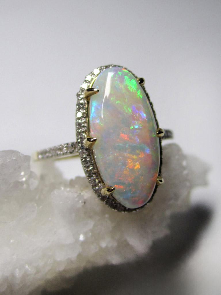 Opal Diamant Gold Ring Natürlicher Australischer Edelstein Klassischer Stil Ring Geschenk für sie im Angebot 12