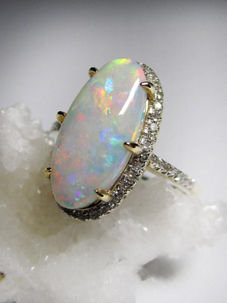 Opal Diamant Gold Ring Natürlicher Australischer Edelstein Klassischer Stil Ring Geschenk für sie im Angebot 14