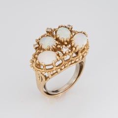 Opal Diamond Half Moon Ring Vintage 14k Yellow Gold Estate Fine Jewelry