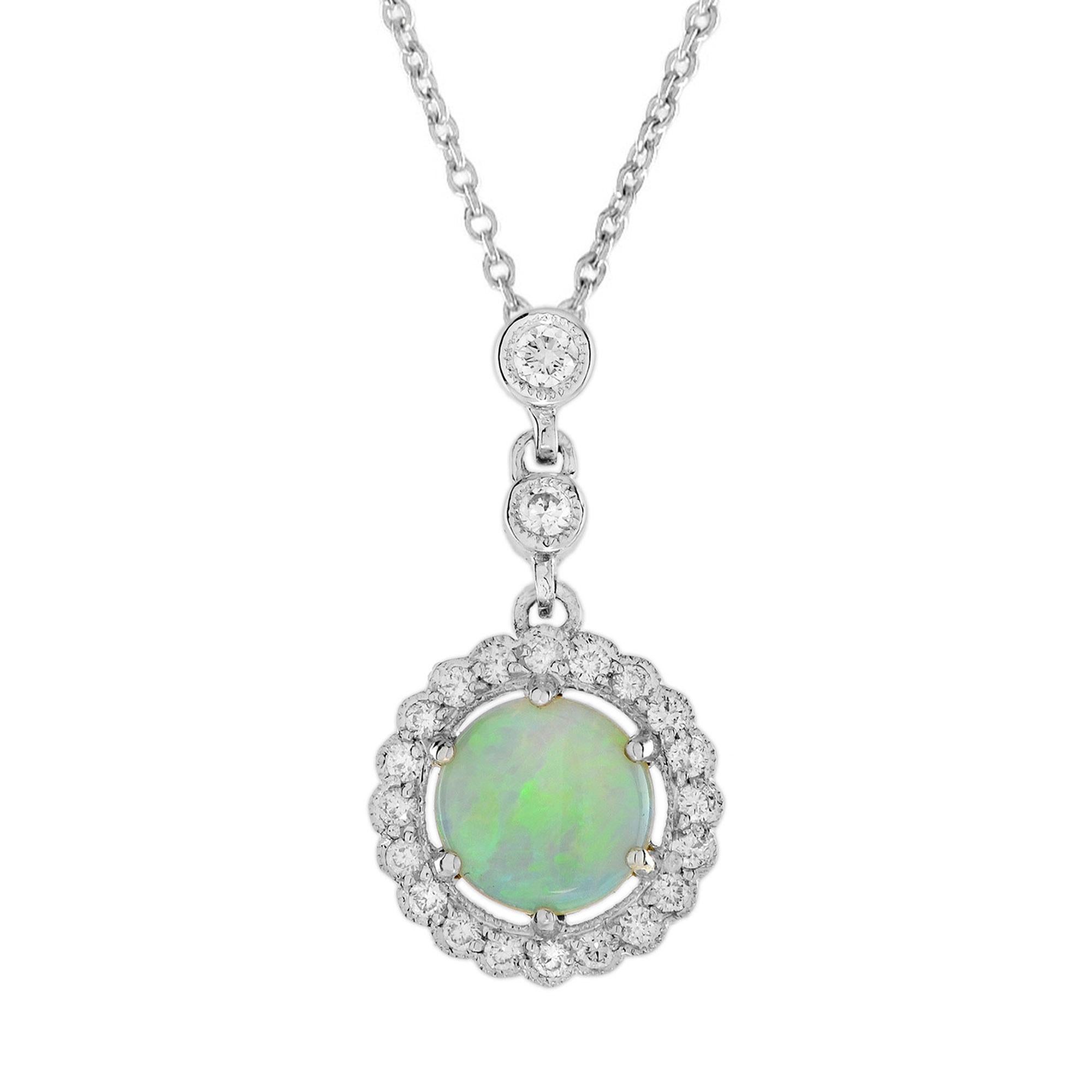 Opal Diamond Halo Art Deco Style Pendant and Earrings Jewelry Set in 14K Gold For Sale 2