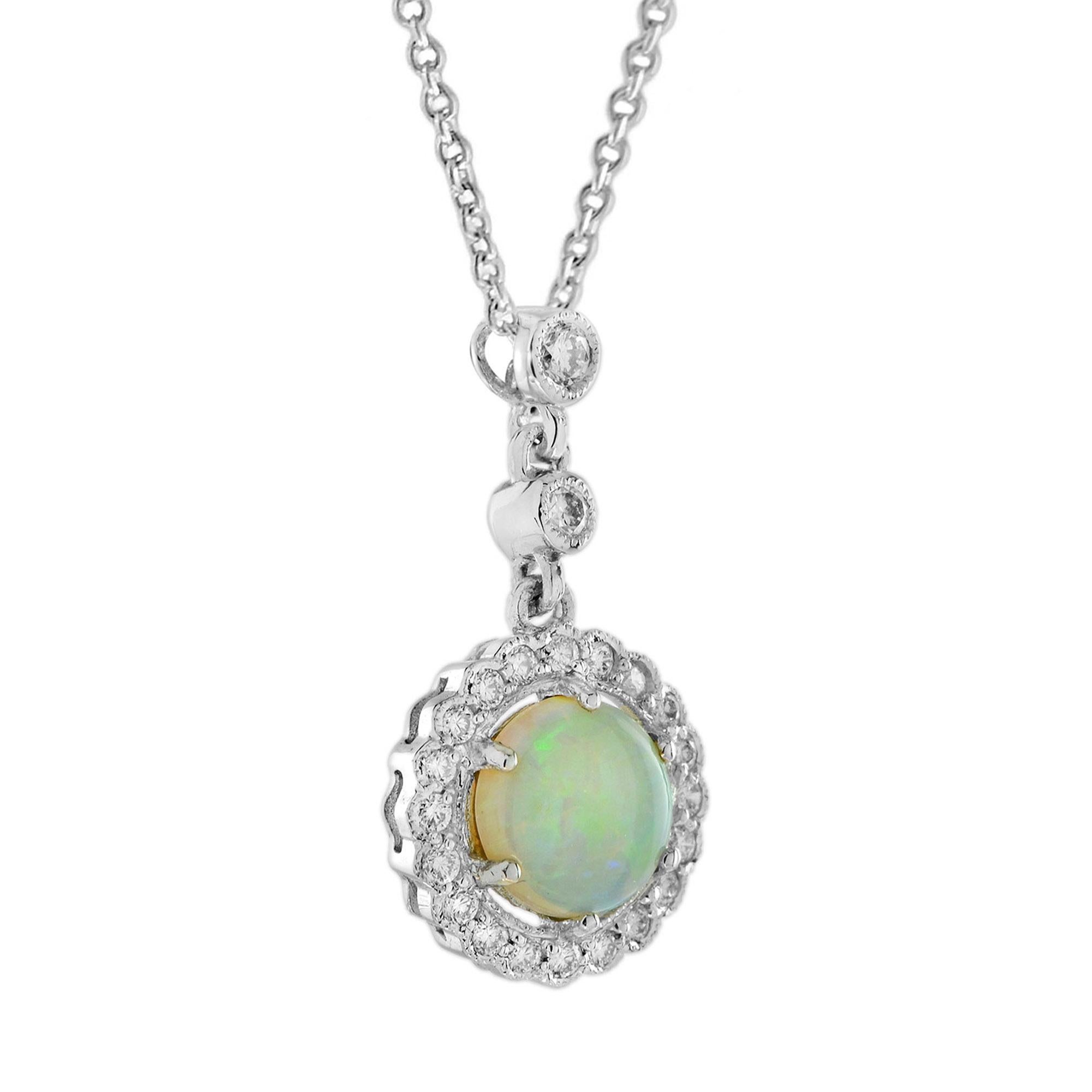 Opal Diamond Halo Art Deco Style Pendant and Earrings Jewelry Set in 14K Gold For Sale 3