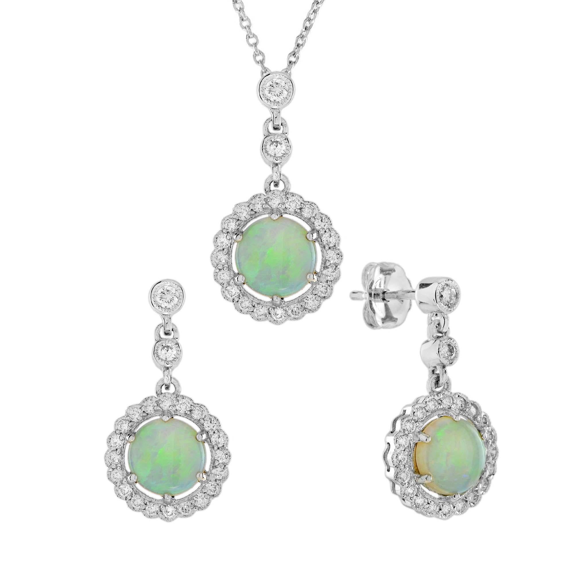 Opal Diamond Halo Art Deco Style Pendant and Earrings Jewelry Set in 14K Gold