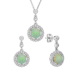 Opal Diamond Halo Art Deco Style Pendant and Earrings Jewelry Set in 14K Gold