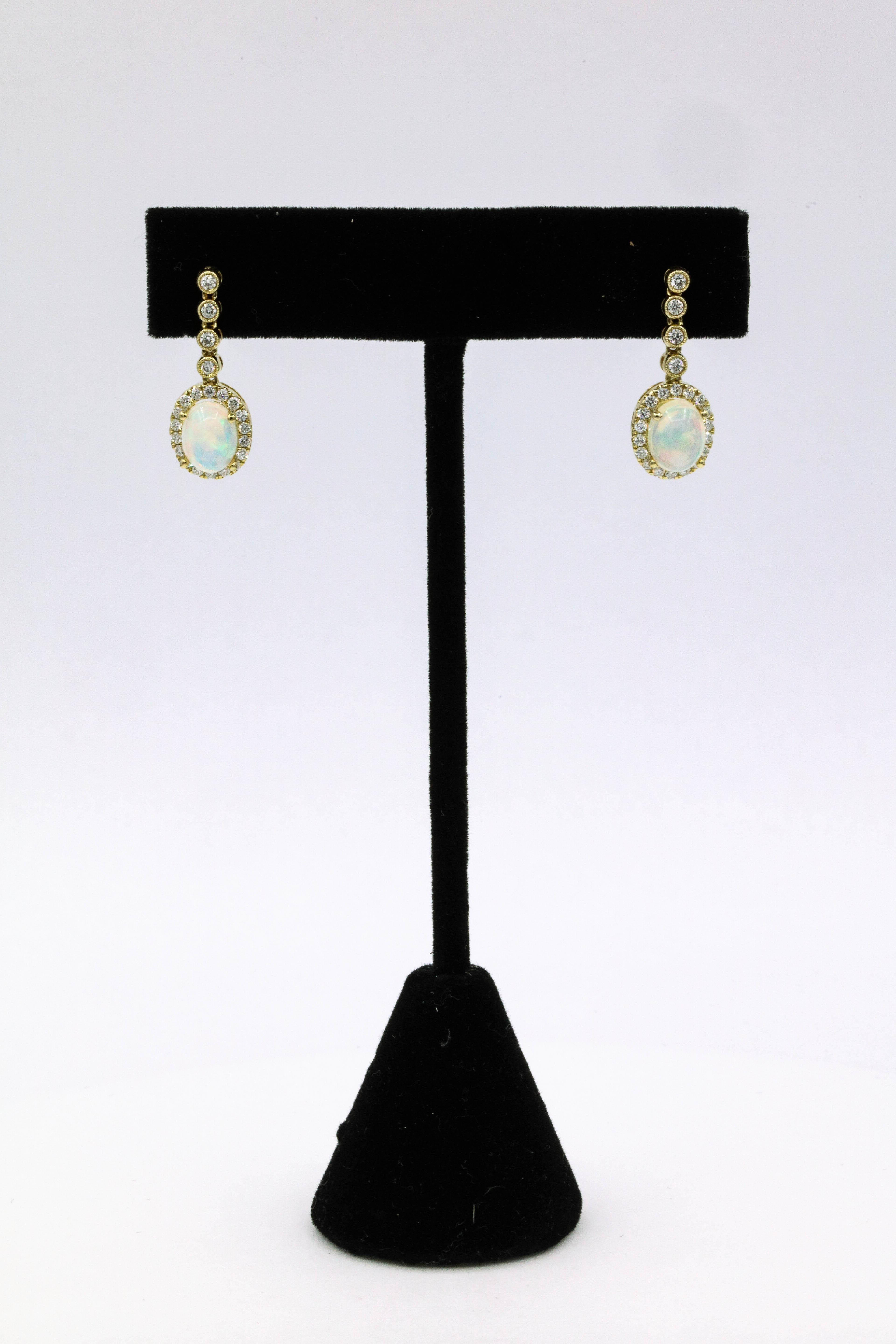 Contemporary Opal Diamond Halo Drop Earrings 2.32 Carat 14 Karat