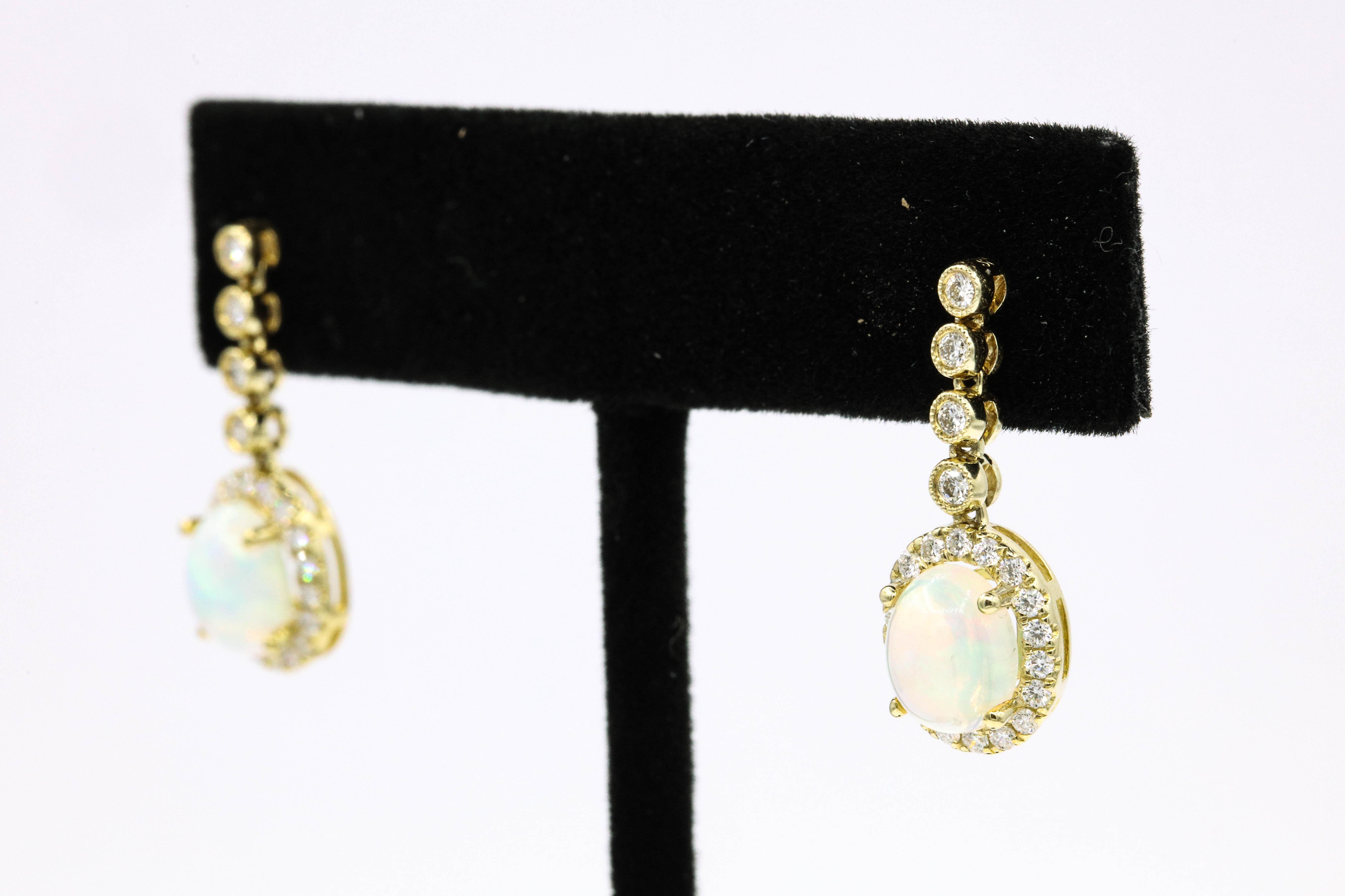 Opal Diamond Halo Drop Earrings 2.32 Carat 14 Karat In New Condition In New York, NY