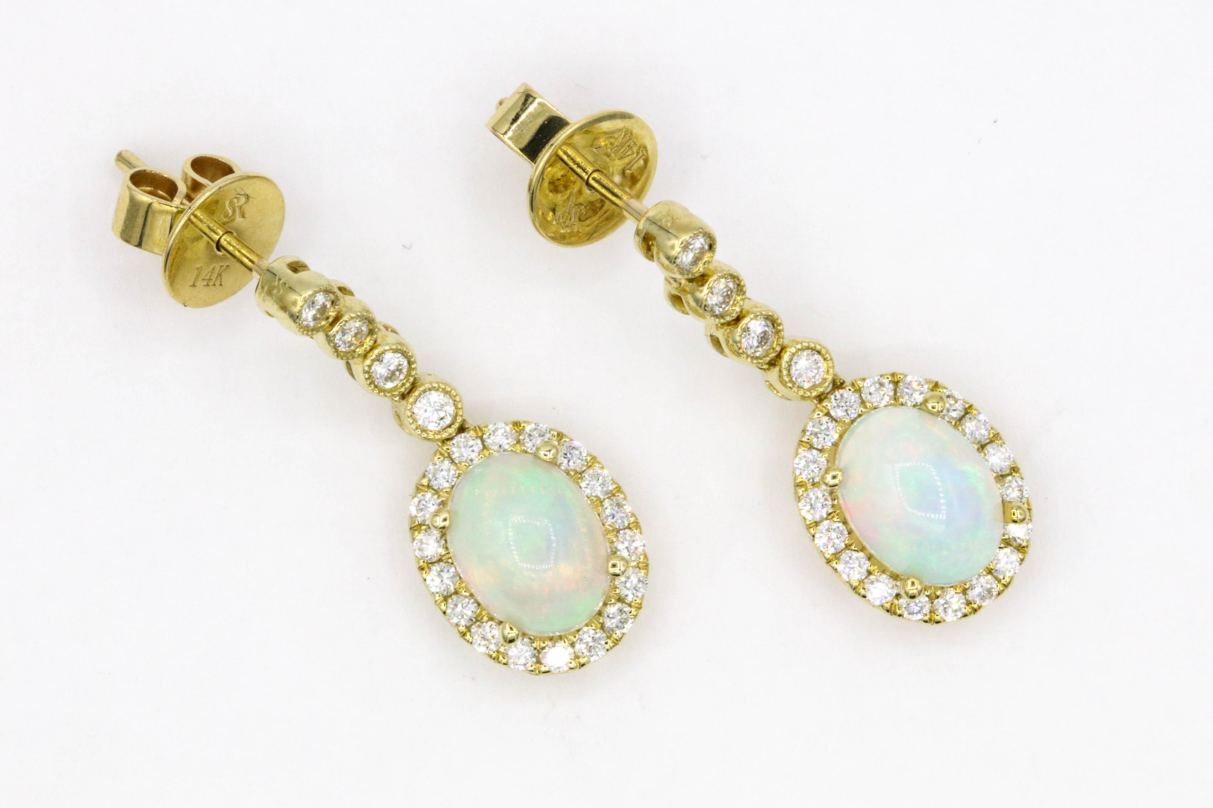 Opal Diamond Halo Drop Earrings 2.32 Carat 14 Karat 2