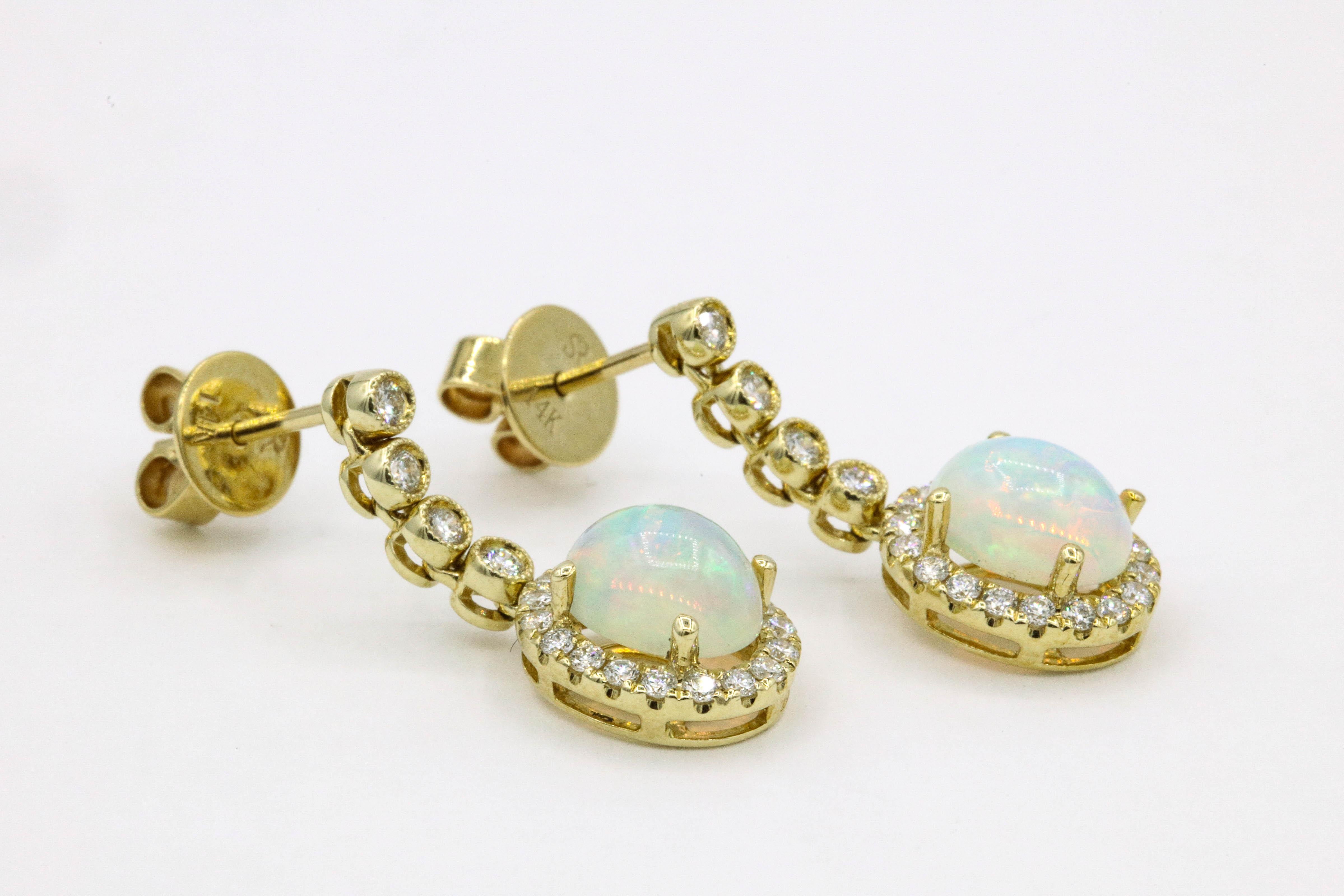 Opal Diamond Halo Drop Earrings 2.32 Carat 14 Karat 3