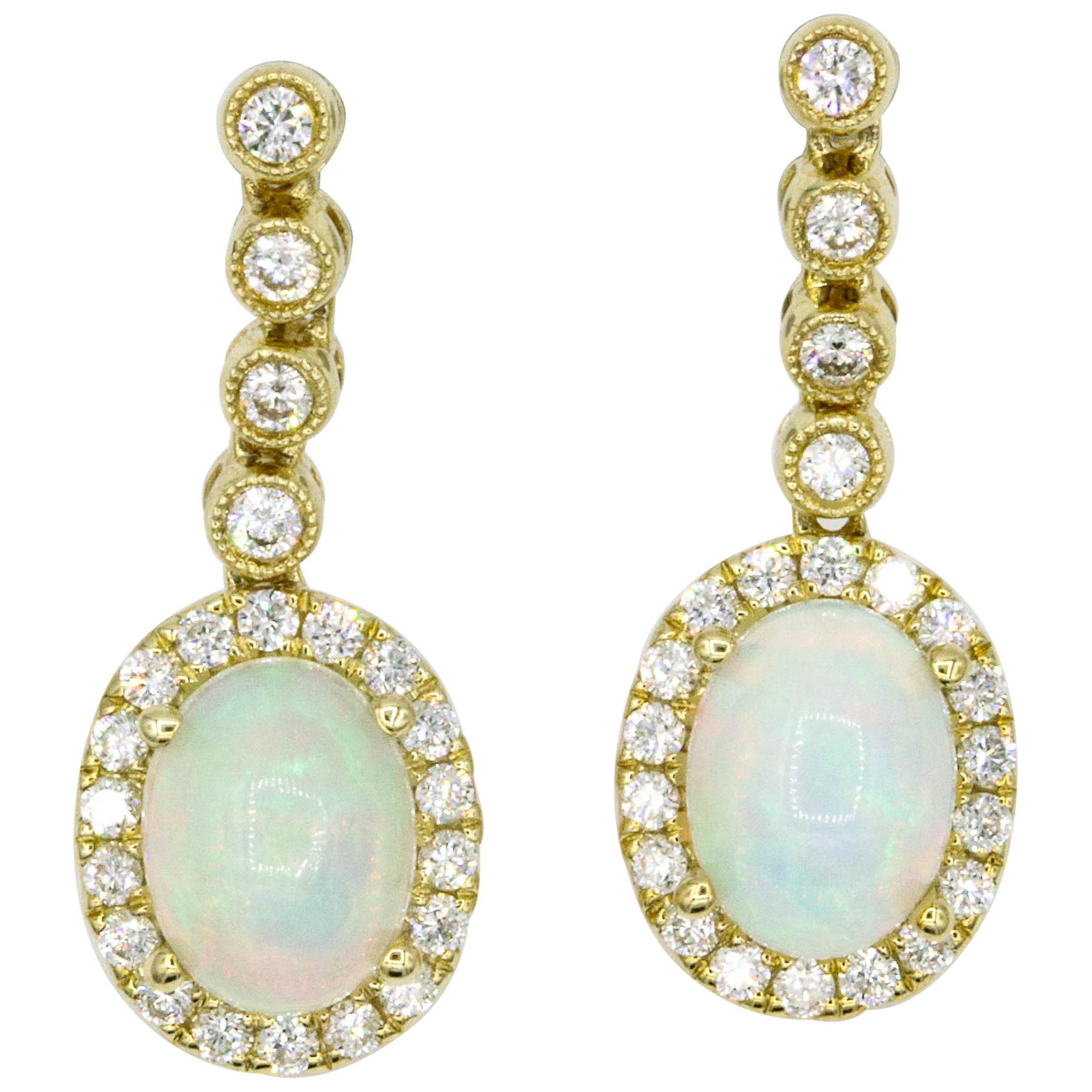 Opal Diamond Halo Drop Earrings 2.32 Carat 14 Karat
