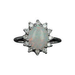 Opal and Diamond Halo Ring, 14 Karat White Gold Cabochon Cut 1.46 Carat