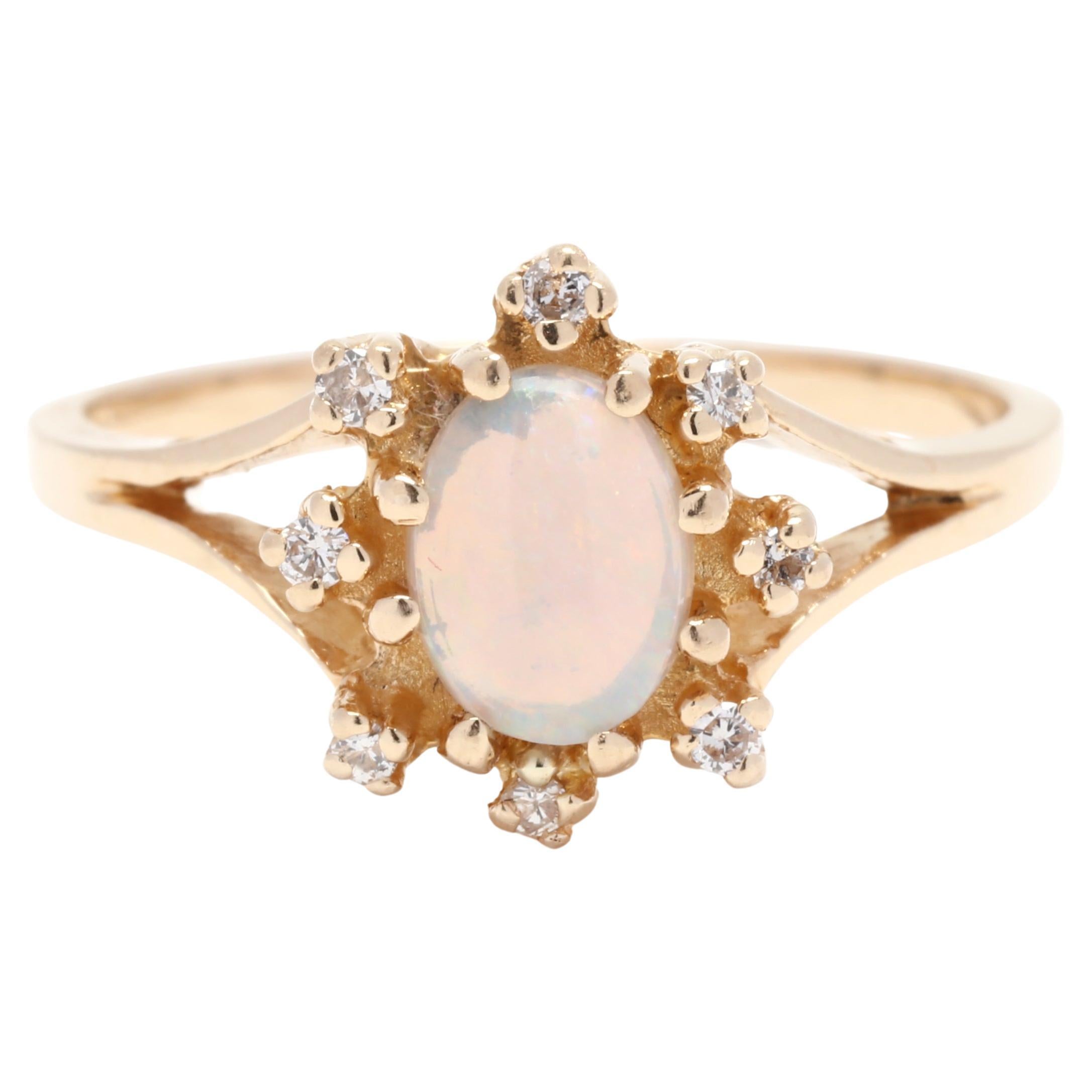 Opal Diamond Halo Ring, 14K Yellow Gold, Ring Size 7, Rainbow Opal Ring For Sale
