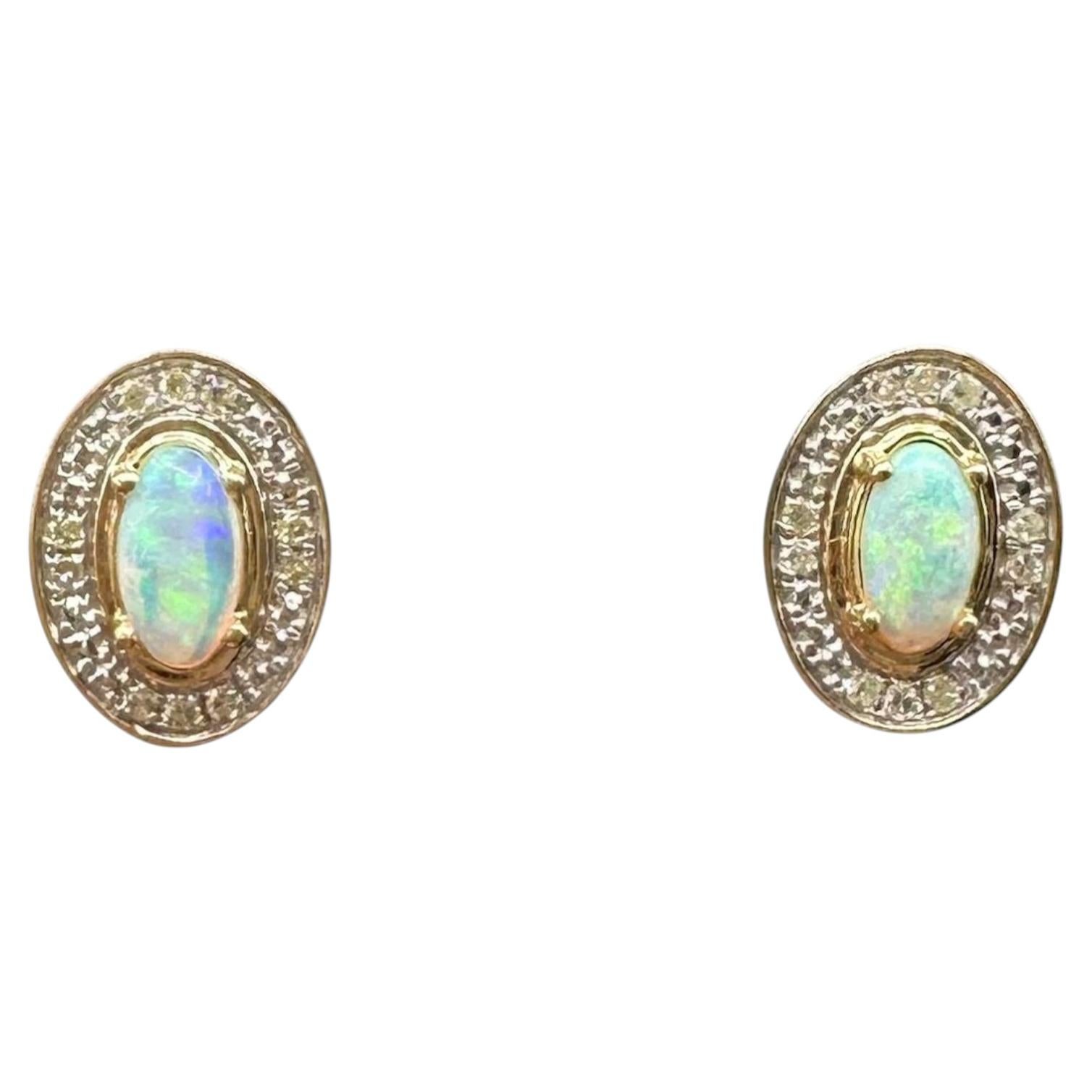 Opal Diamond Halo Stud Earrings 10kt Yellow Gold Oval 0.05ctw New