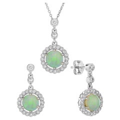 Ciondolo e orecchini in stile vintage con diamante opale e orecchini in oro bianco