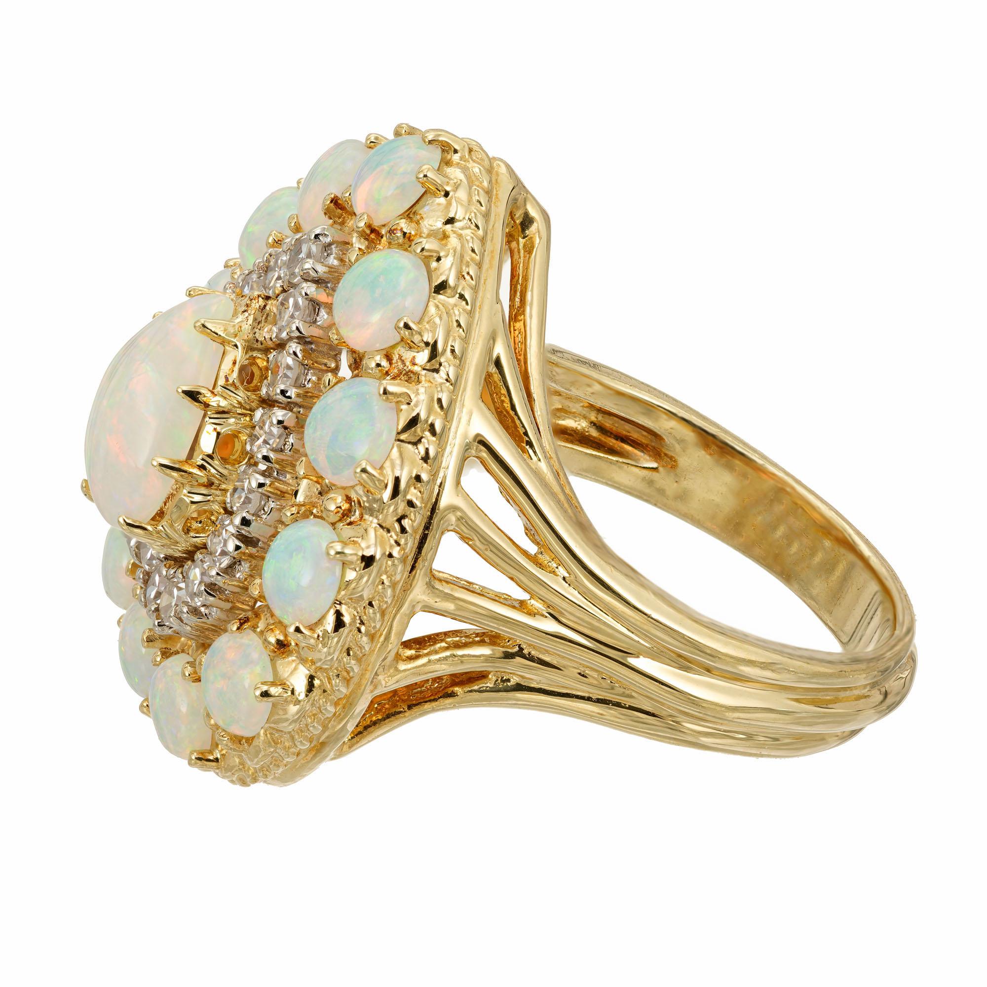 Heart Cut Opal Diamond Halo Yellow Gold Cluster Cocktail Ring