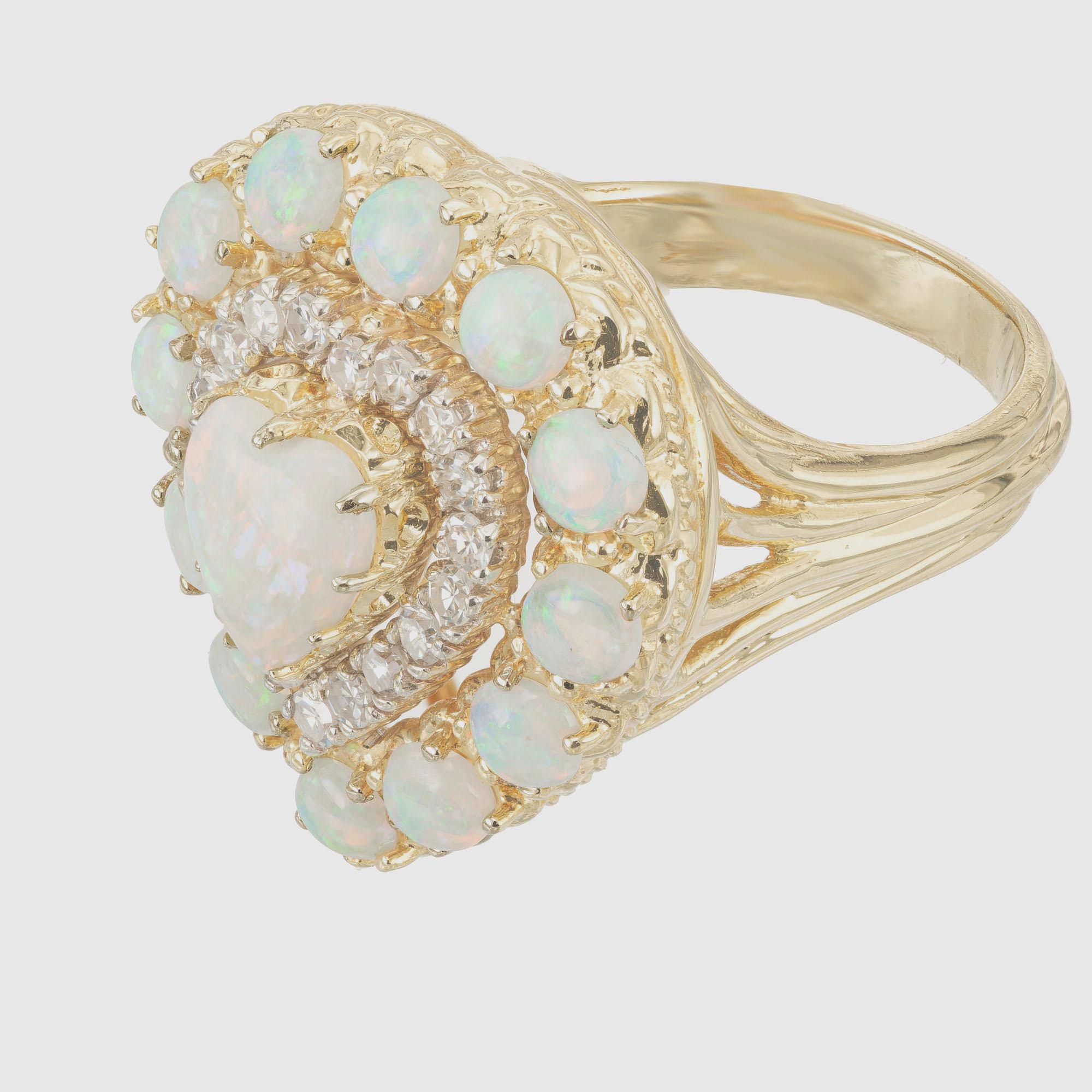Opal Diamond Halo Yellow Gold Cluster Cocktail Ring In Good Condition In Stamford, CT