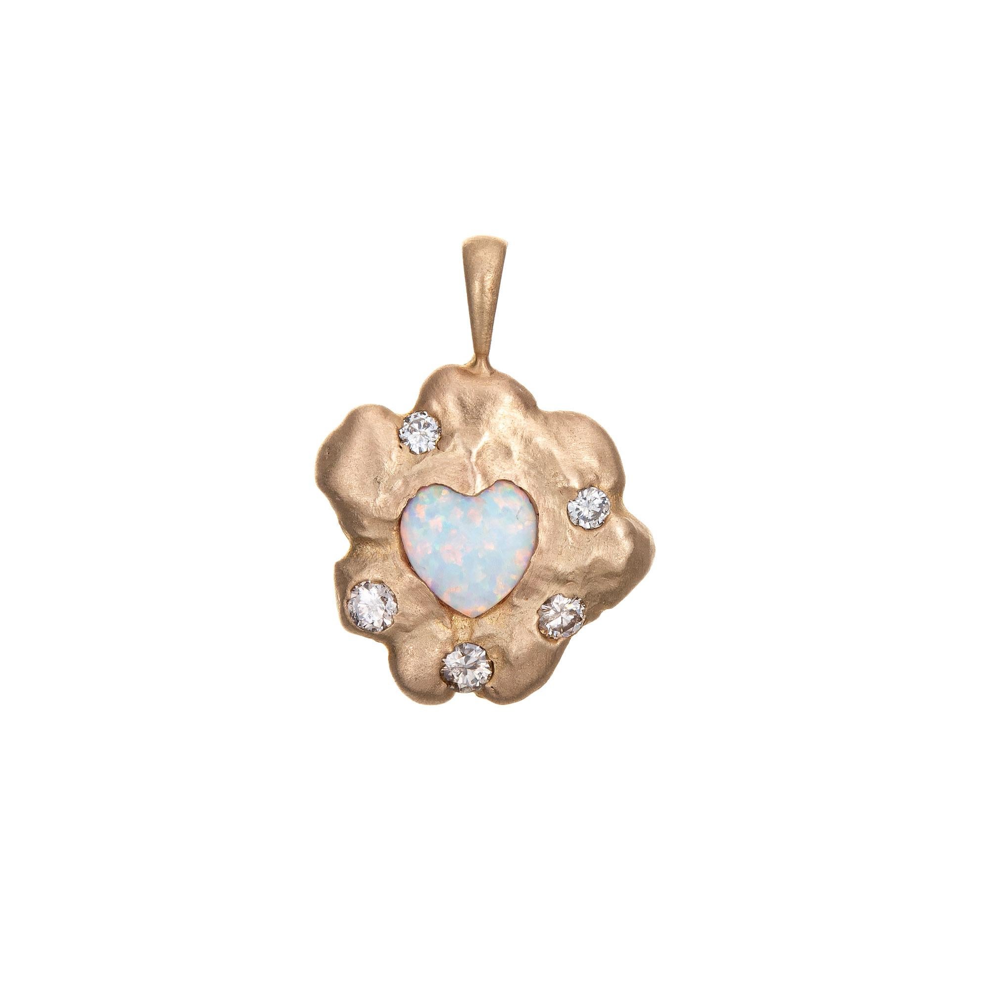 Modern Opal Diamond Heart Charm Vintage 14k Yellow Gold Pendant Estate Fine Jewelry