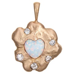 Opal Diamond Heart Charm Vintage 14k Yellow Gold Pendant Estate Fine Jewelry