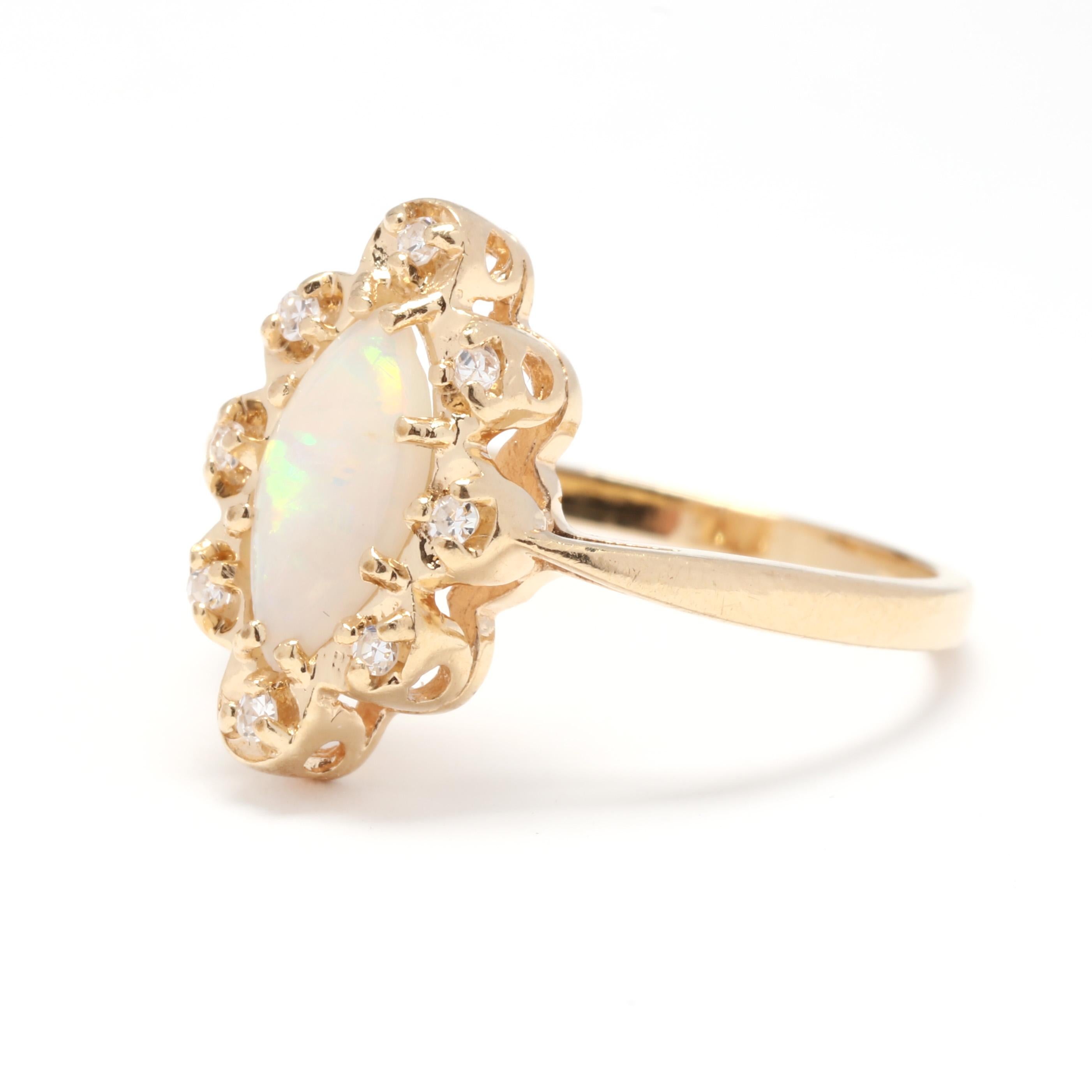 Opal Diamond Navette Ring, 14KT Yellow Gold, Ring In Good Condition In McLeansville, NC