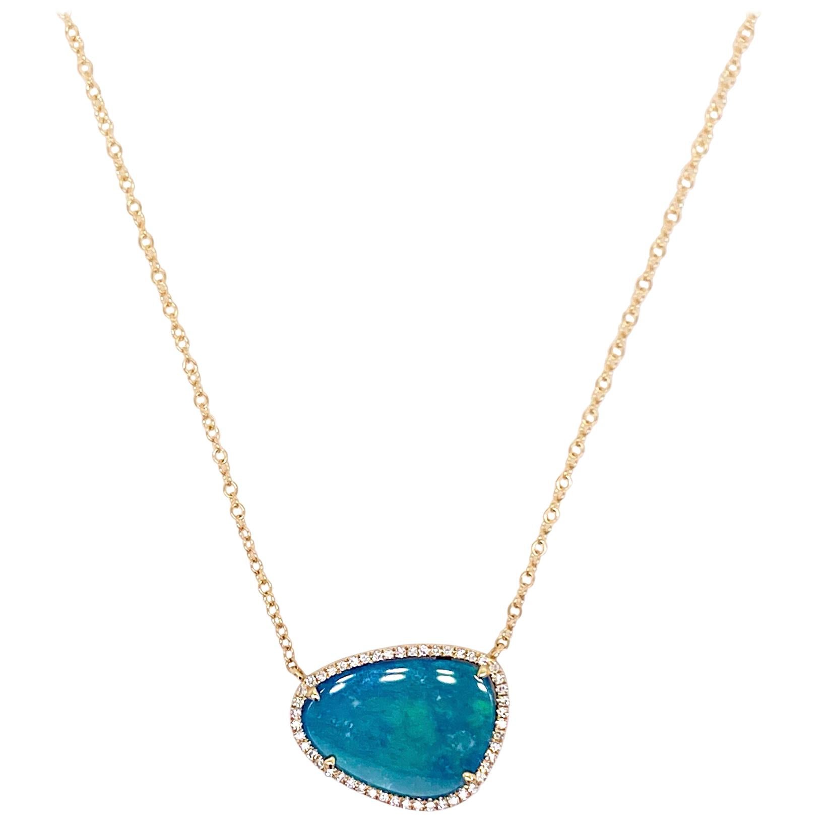 Opal Diamond Necklace, 14 Karat Gold, 1.99 Genuine Opal and Diamond Halo Pendant
