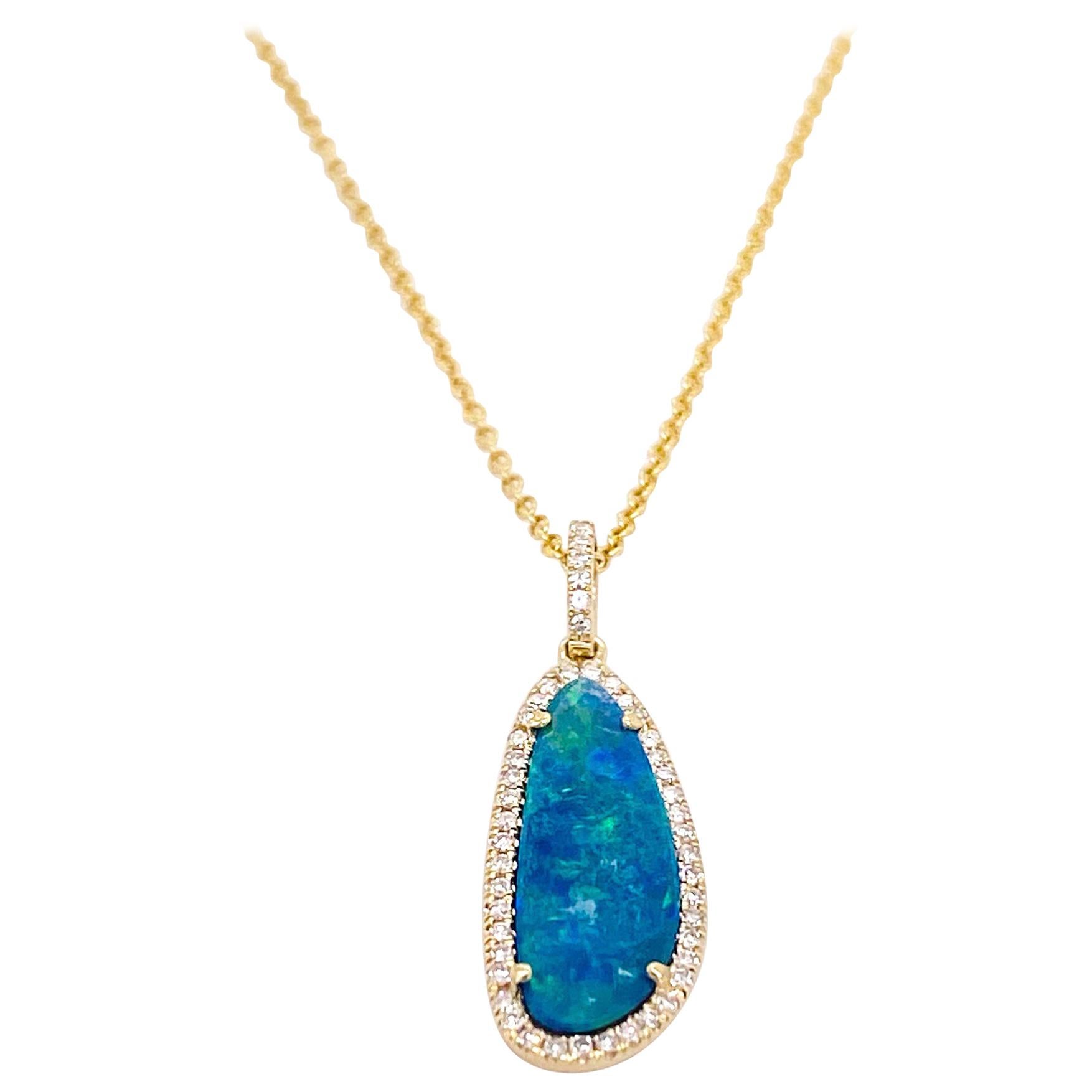 Opal Diamond Necklace, 14k Gold, 1 Carat Opal Diamond Halo Pendant w Cable Chain For Sale