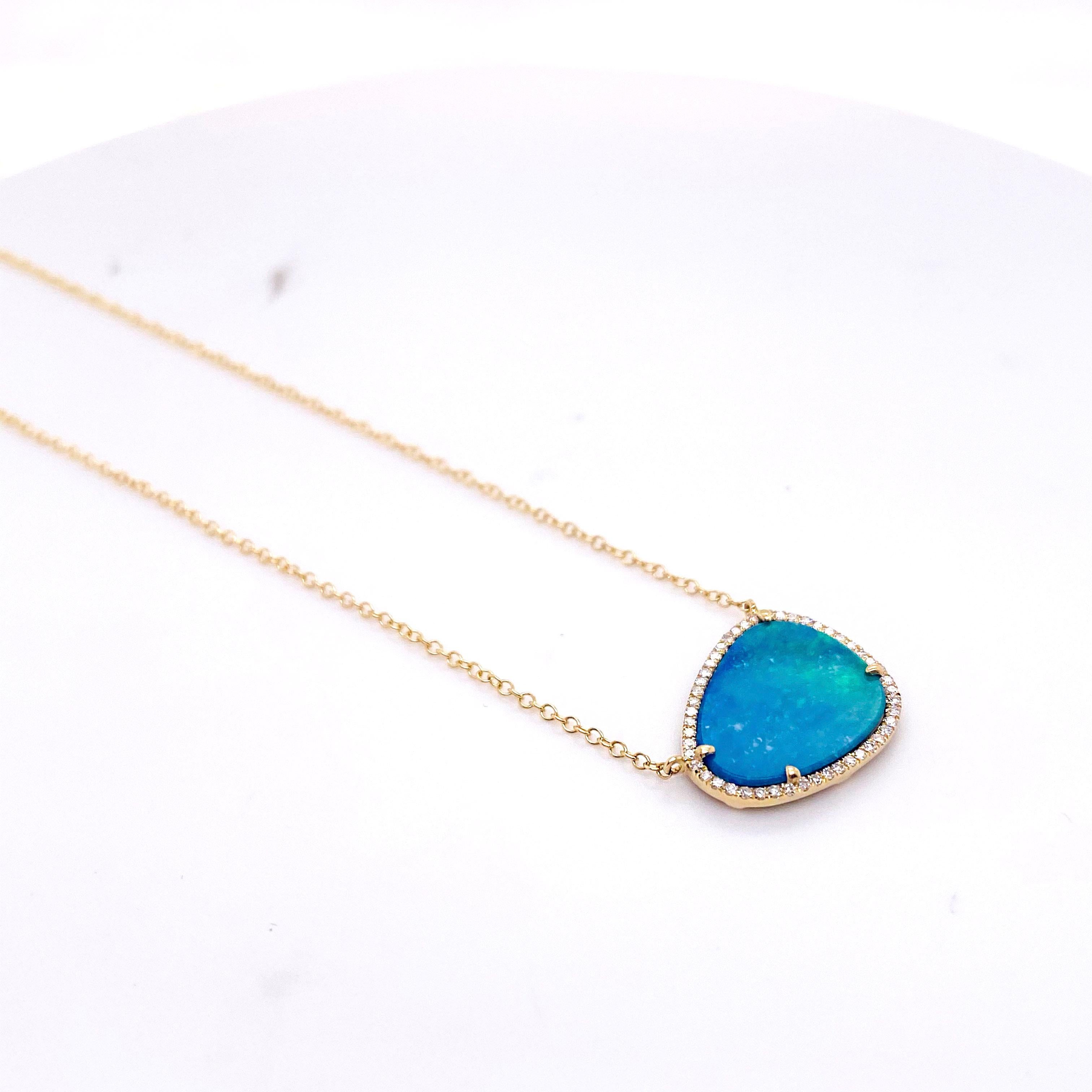 Modern Opal Diamond Necklace, 14 Karat Gold, 1.99 Genuine Opal and Diamond Halo Pendant For Sale