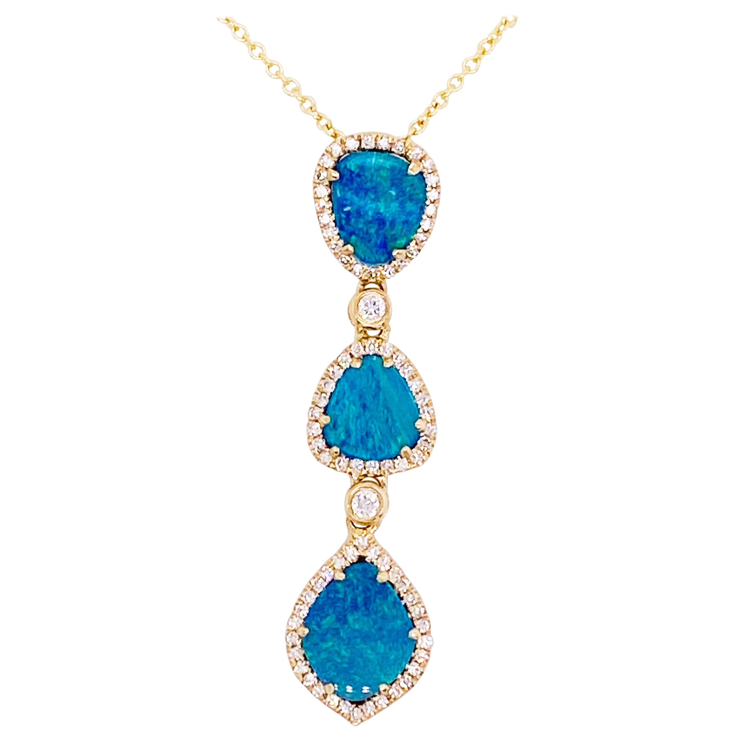 Opal Diamond Necklace, Black Opal 3 Station Pendant, 14 Karat Gold Drop Necklace For Sale