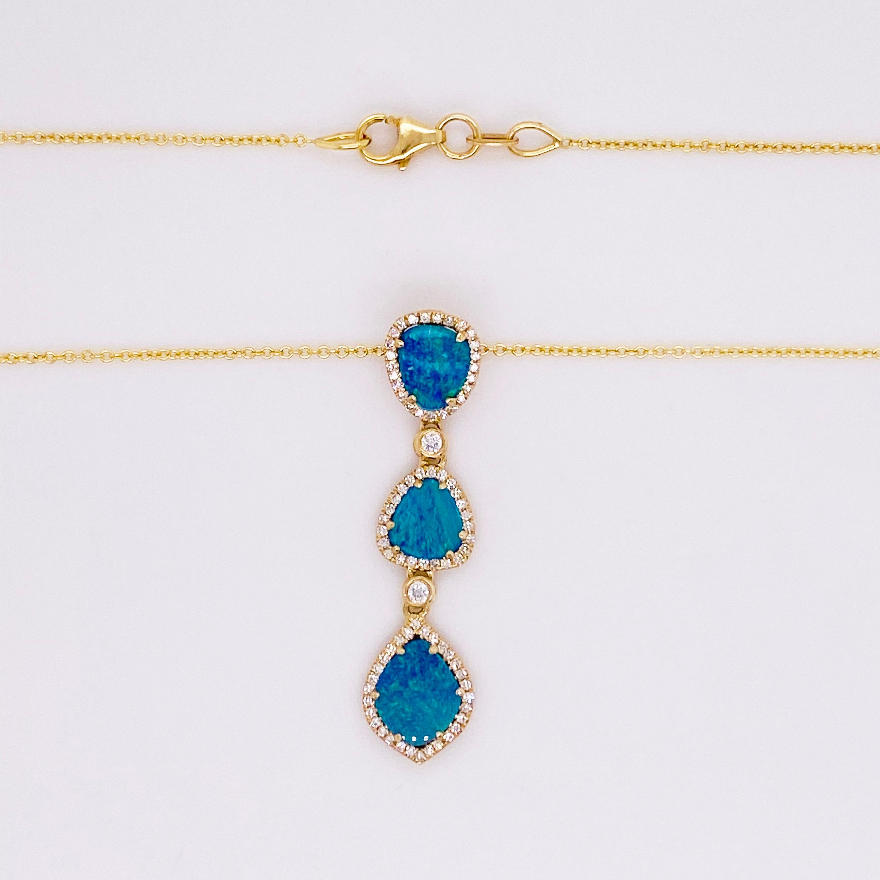 Modern Opal Diamond Necklace, Black Opal 3 Station Pendant, 14 Karat Gold Drop Necklace For Sale