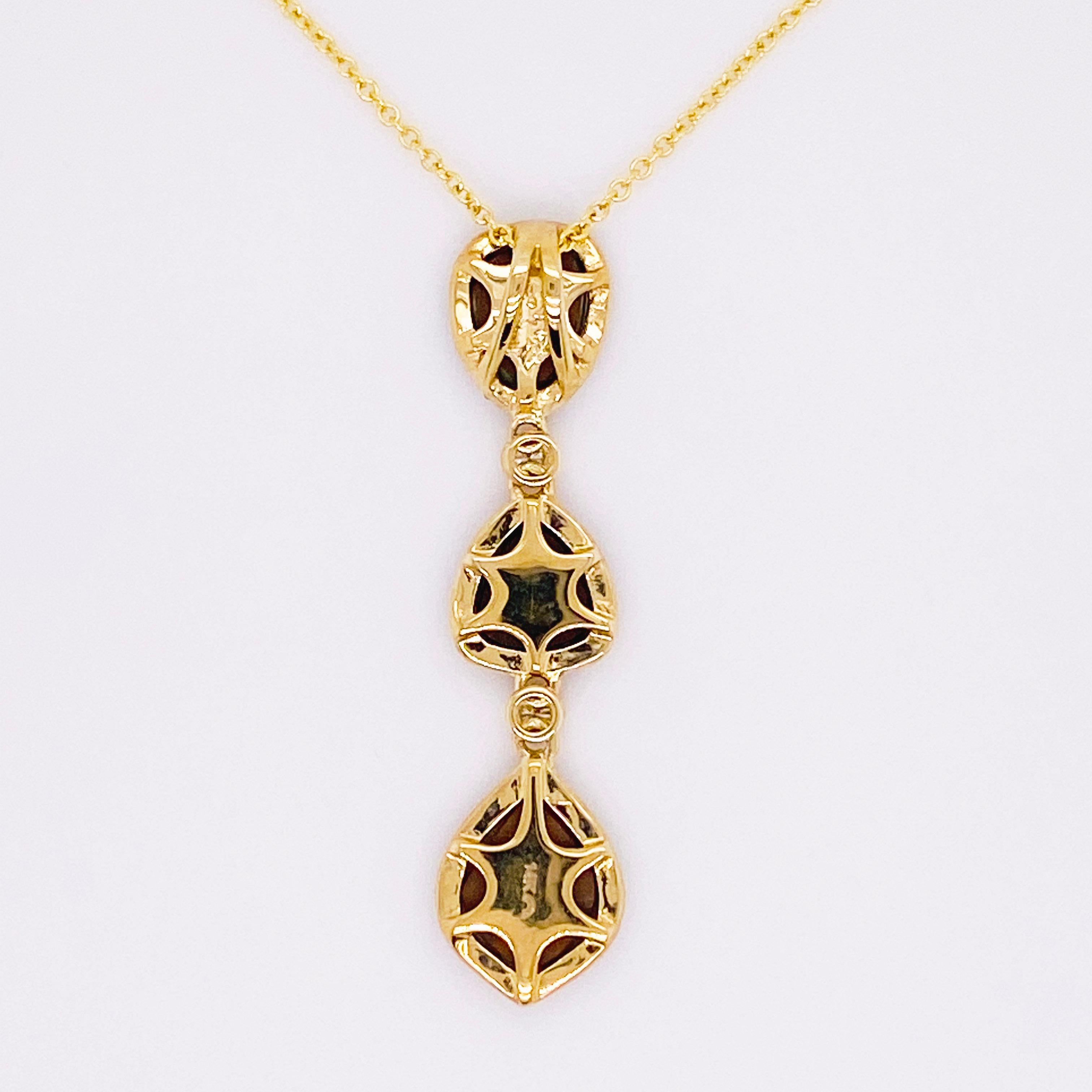 Round Cut Opal Diamond Necklace, Black Opal 3 Station Pendant, 14 Karat Gold Drop Necklace For Sale