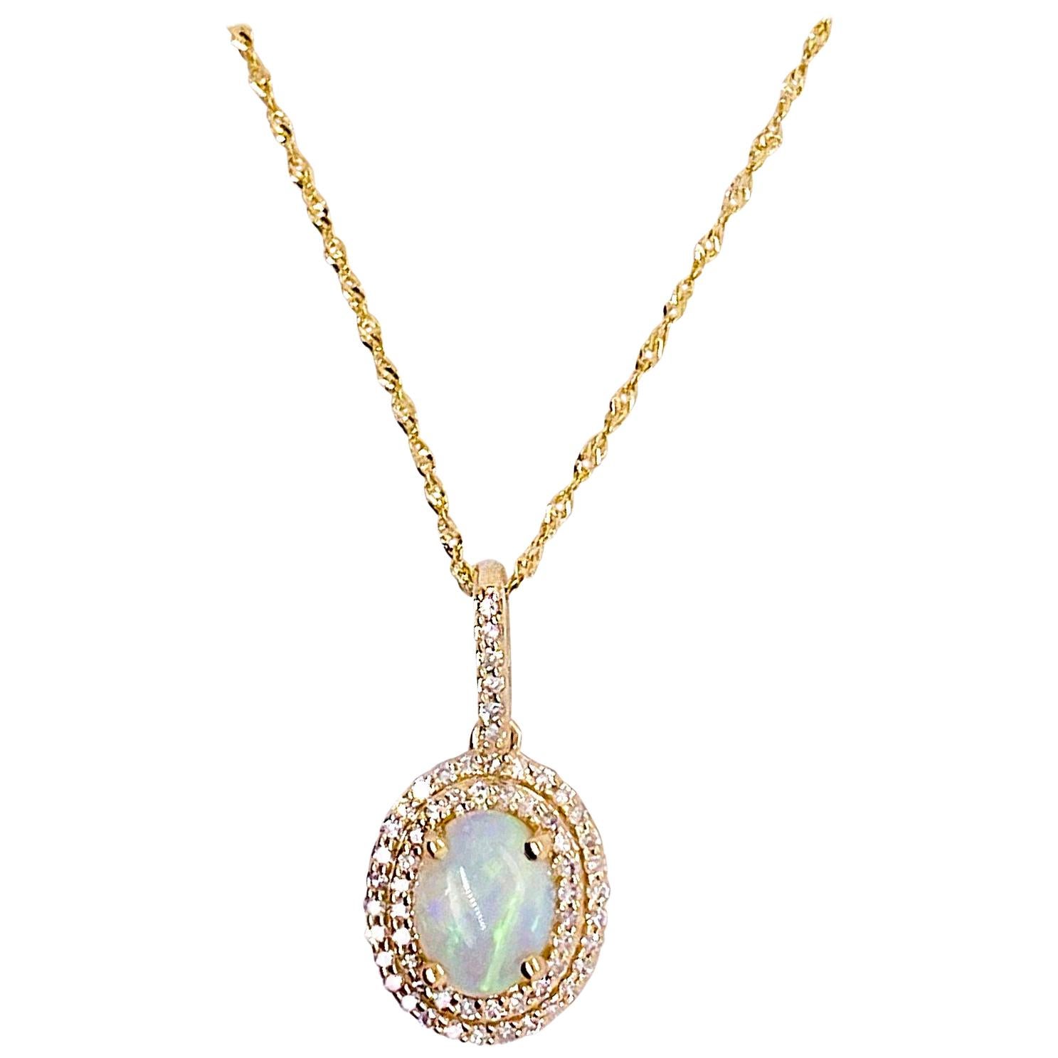 Opal Diamond Necklace, Double Halo Opal Pendant, Yellow Gold, Sparkly Chain