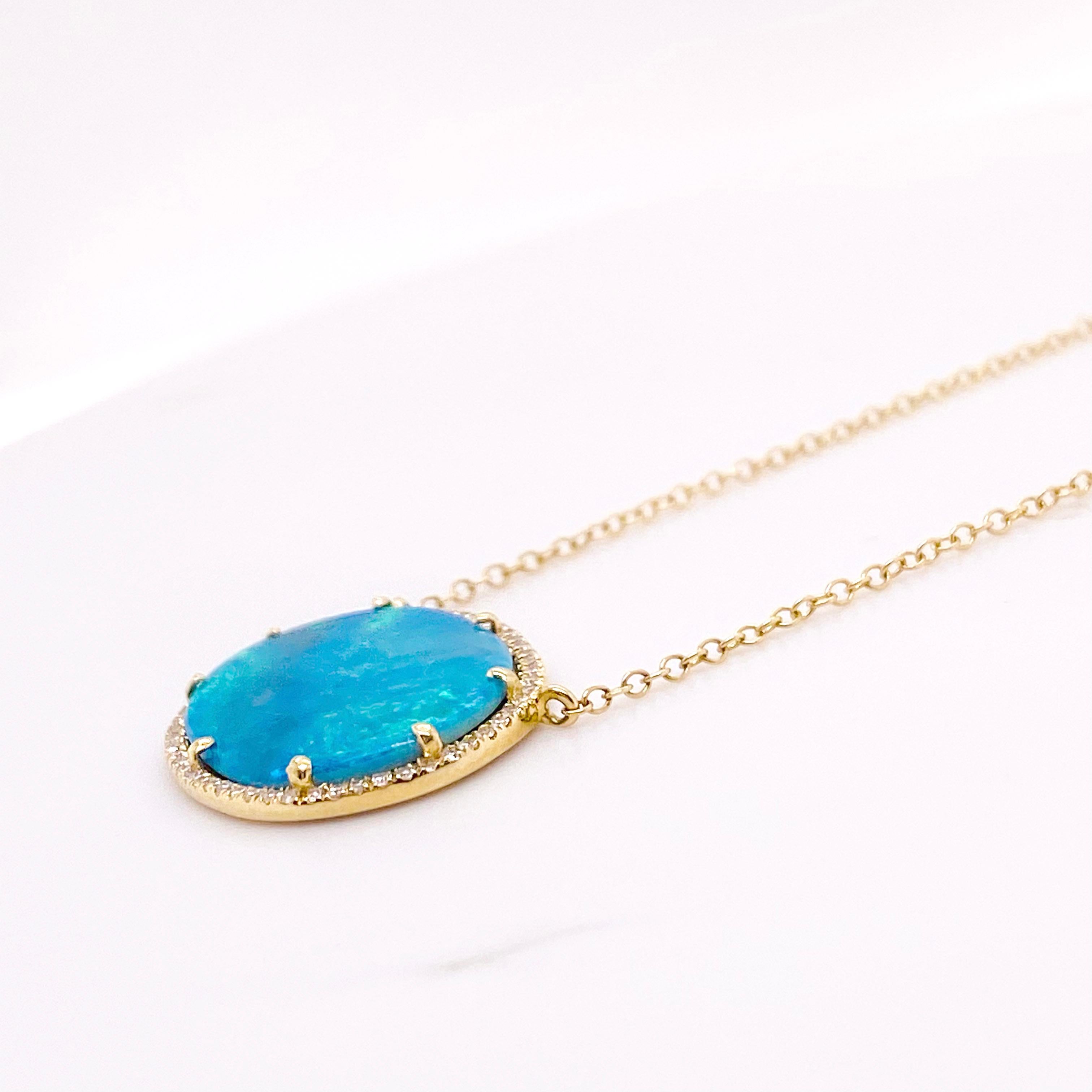 Contemporary Opal Diamond Necklace, Yellow Gold, Genuine Opal Diamond Halo Pendant 2.97 ct For Sale