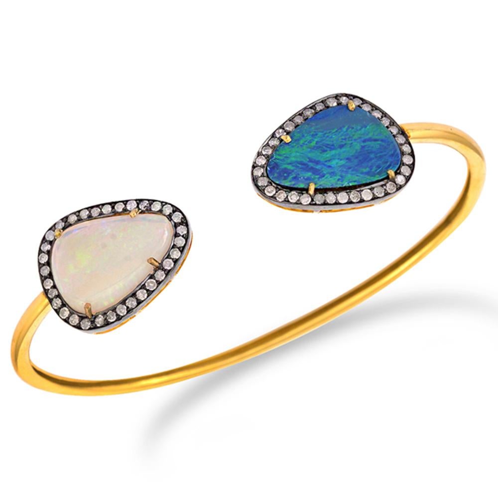 Modern Opal Diamond Open Bangle Bracelet For Sale