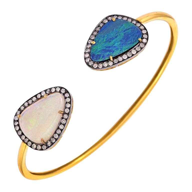 Opal Diamond Open Bangle Bracelet For Sale