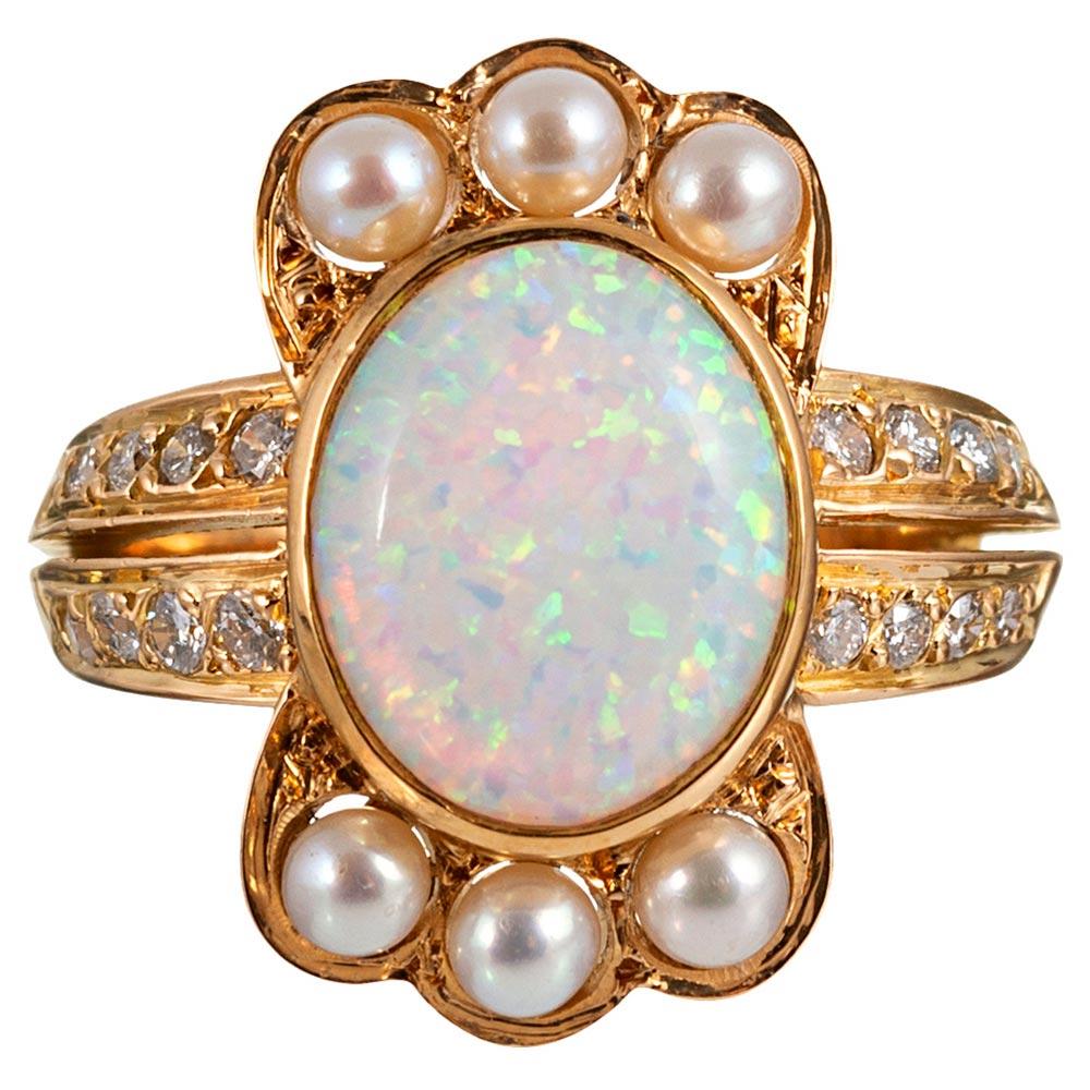 Opal Diamond Pearl Crown Ring