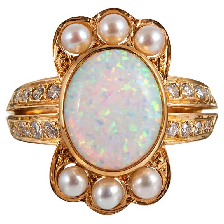 Opal Diamond Pearl Crown Ring at 1stDibs