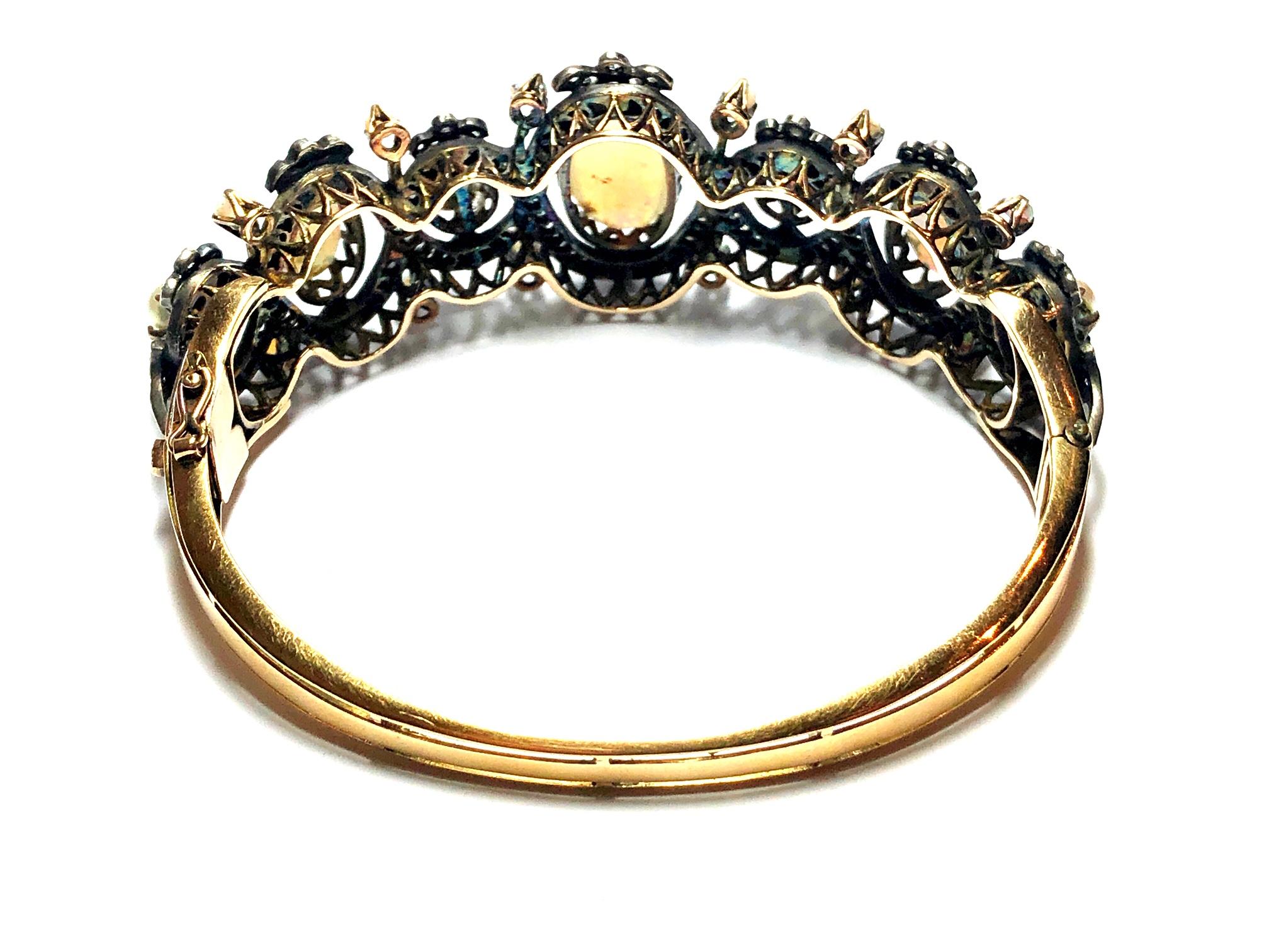 Old Mine Cut Opal, Diamond Pearl Silver and Gold Bangle For Sale