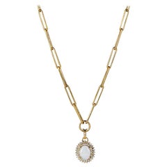 Opal Diamond Pendant Necklace, 14K Yellow Gold with White Opal and Diamonds