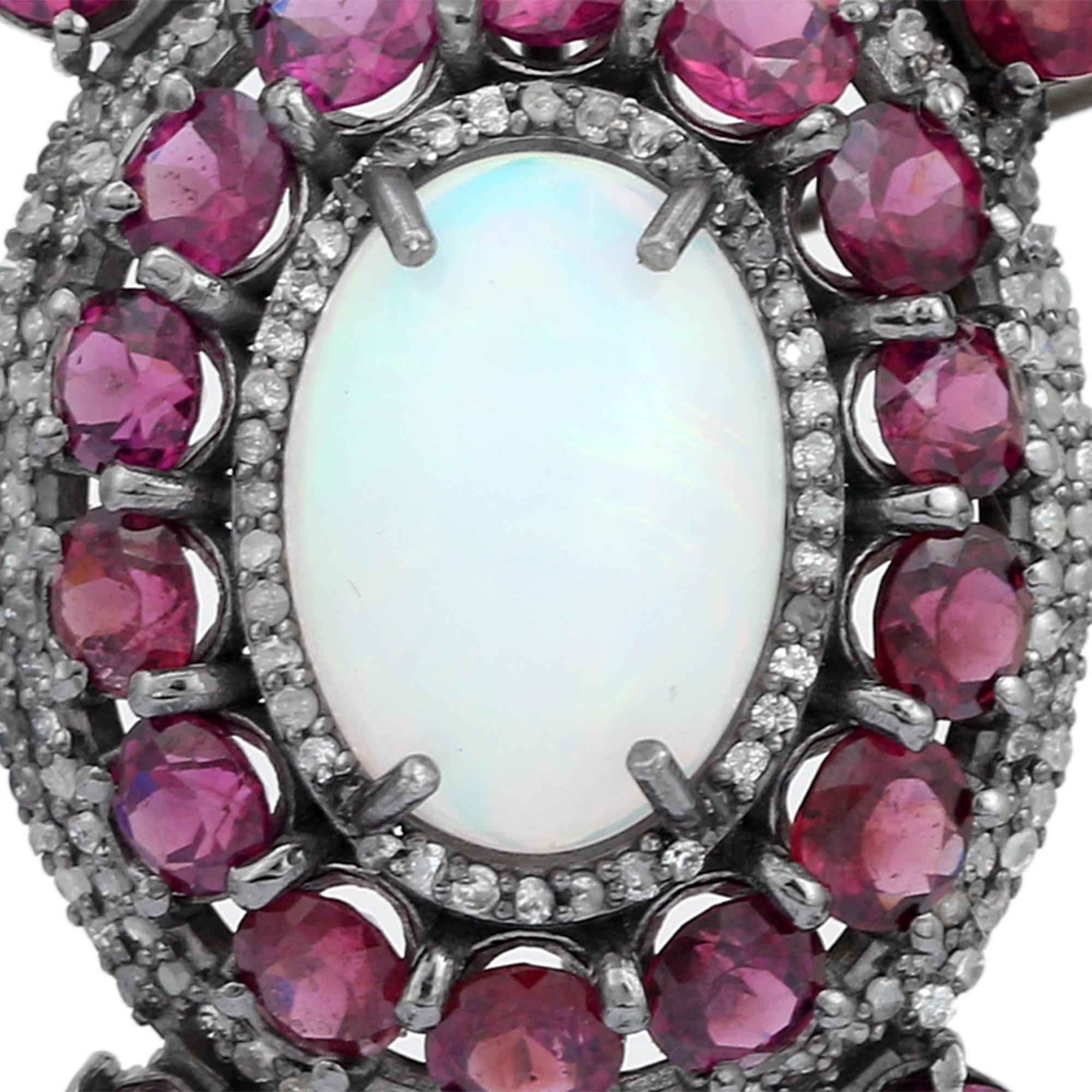 Alfiler Broche Victoriano Tortuga Grande de Ópalo Diamante Rosa Rubí 8,1ctw en Plata Maciza Modernista en venta